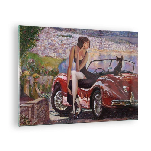 Impression sur verre - Image sur verre - Une femme et un chien près d'une voiture rouge avec un paysage en arrière-plan. - 70x50cm - L'été? Uniquement sur la Côte d'Azur - Décoration murale moderne pour le salon et la chambre ARTTOR