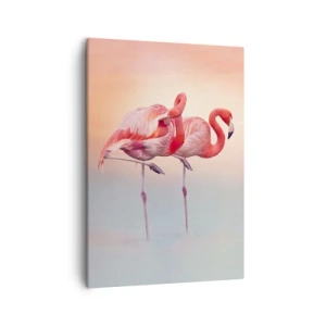 Impression sur toile - Image sur toile - Flamants roses aux couleurs pastel délicates sur fond d'eau - 50x70cm - Dans les couleurs du soleil couchant - Décoration murale moderne pour le salon et la chambre ARTTOR