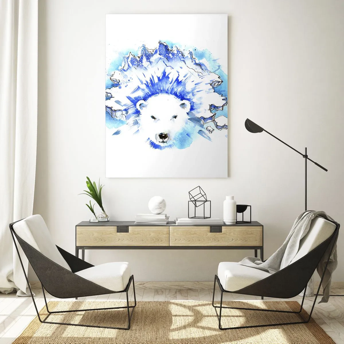 Impression sur verre - Image sur verre - Aquarelle artistique représentant un ours polaire avec un motif glacé - 70x100cm - Le roi de l'Arctique dans une couronne de glace - Décoration murale moderne pour le salon et la chambre ARTTOR