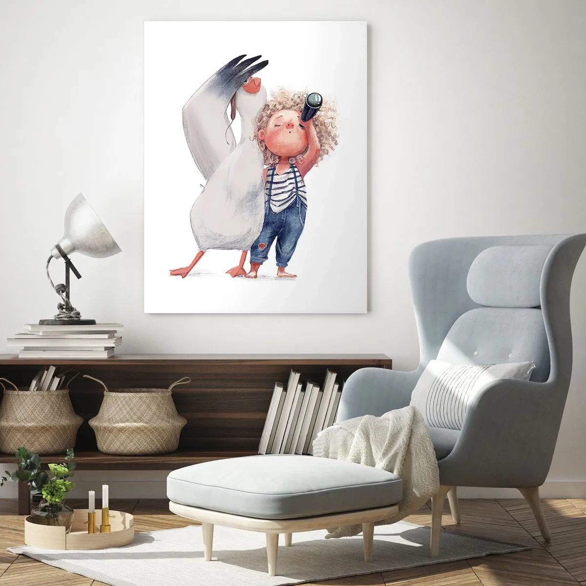 Impression sur verre - Image sur verre - Bébé avec des jumelles et une cigogne dans un style d'illustration amusant - 50x70cm - Plan de grand voyage - Décoration murale moderne pour le salon et la chambre ARTTOR