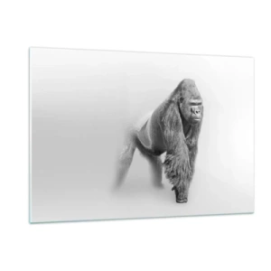 Impression sur verre - Image sur verre - Portrait noir et blanc d'un gorille majestueux sur fond blanc - 120x80cm - Confiant en sa force - Décoration murale moderne pour le salon et la chambre ARTTOR