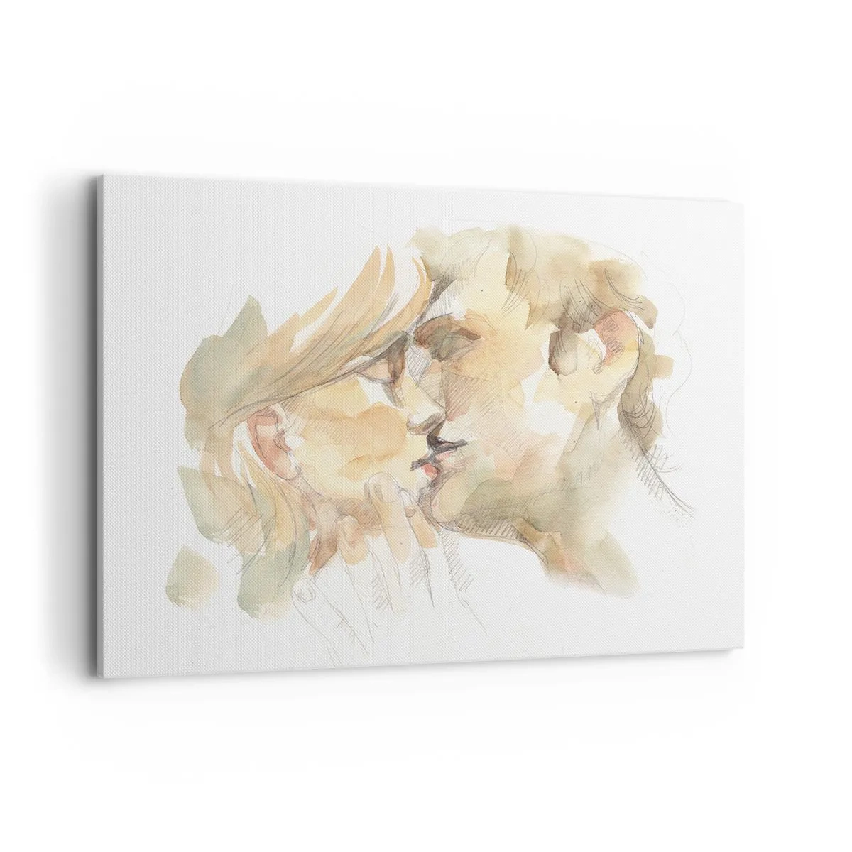 Impression sur toile - Image sur toile - Portrait romantique à l'aquarelle d'un couple s'embrassant - 100x70cm - A moitié trouvé ? - Décoration murale moderne pour le salon et la chambre ARTTOR