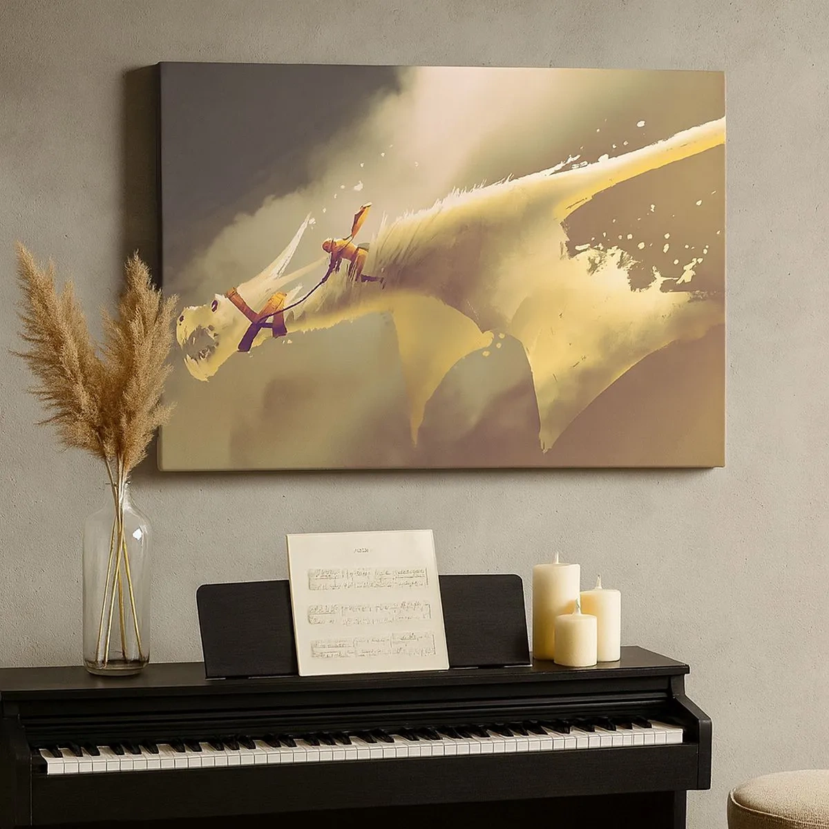 Impression sur toile - Image sur toile - Illustration d'un cavalier de dragon dans un paysage nuageux fantastique - 70x50cm - Le monde à la rescousse - Décoration murale moderne pour le salon et la chambre ARTTOR
