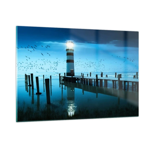 Impression sur verre - Image sur verre - Un phare entouré d'eau calme et d'oiseaux - 120x80cm - Et tu n'as pas peur du noir - Décoration murale moderne pour le salon et la chambre ARTTOR