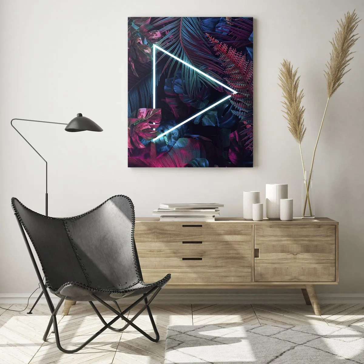 Impression sur verre - Image sur verre - Un triangle néon entouré de plantes tropicales dans des tons de rose et de bleu. - 50x70cm - Jardin de style disco - Décoration murale moderne pour le salon et la chambre ARTTOR