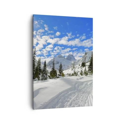 Impression sur toile - Image sur toile - Paysage de montagne hivernal avec une forêt et un chemin dans la neige - 50x70cm - Dans la neige et au soleil - Décoration murale moderne pour le salon et la chambre ARTTOR
