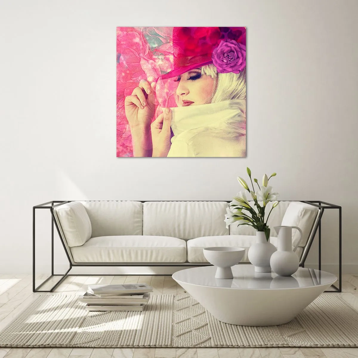 Impression sur verre - Image sur verre - Portrait rétro dans une brume rose - 30x30 cm