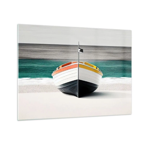 Impression sur verre - Image sur verre - Un bateau coloré sur la plage avec une mer turquoise en arrière-plan - 70x50cm - A sa place - Décoration murale moderne pour le salon et la chambre ARTTOR