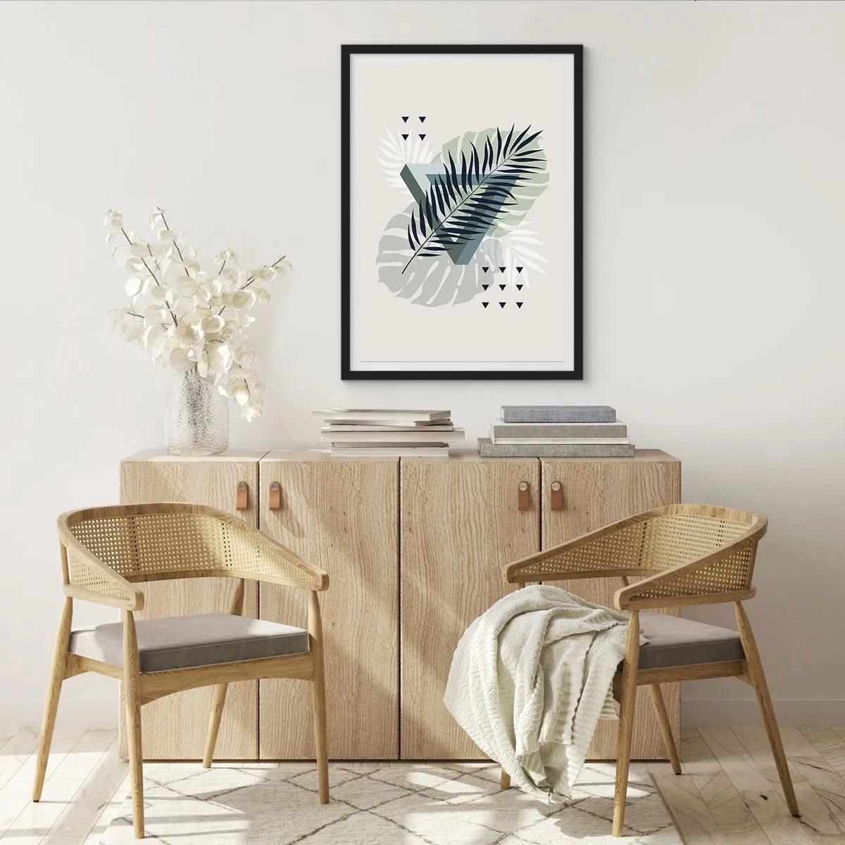Affiche dans un cadre noir - Poster - Feuilles tropicales abstraites sur fond clair - 50x70cm - Nature et géométrie - deux odres? - Décoration murale moderne pour le salon et la chambre ARTTOR