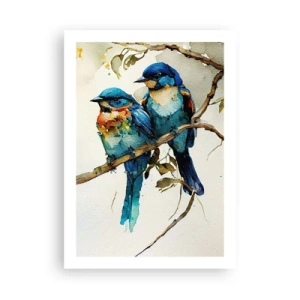 Affiche - Poster - Oiseaux à l'aquarelle sur une branche dans les tons de bleu et de marron - 50x70cm - A-t-il été offensé ? - Décoration murale moderne pour le salon et la chambre ARTTOR