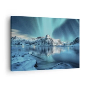 Impression sur toile - Image sur toile - Aurore boréale sur des montagnes enneigées et un lac - 70x50cm - Nuit de lumières - Décoration murale moderne pour le salon et la chambre ARTTOR
