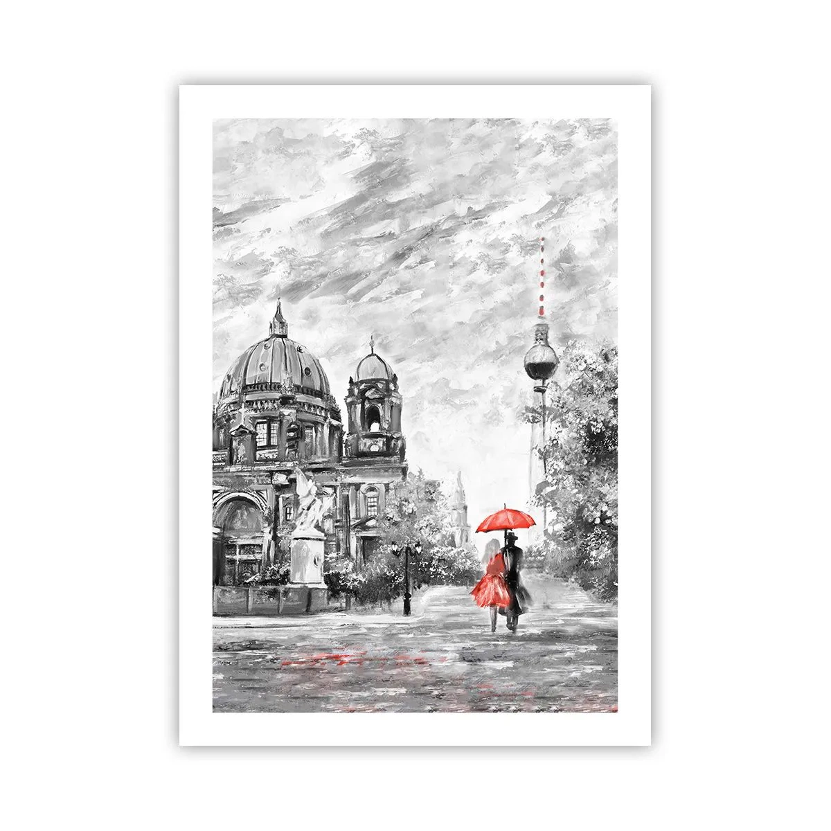 Affiche - Poster - Une silhouette avec un parapluie rouge sur fond d'architecture berlinoise - 50x70cm - Rencontre berlinoise - Décoration murale moderne pour le salon et la chambre ARTTOR