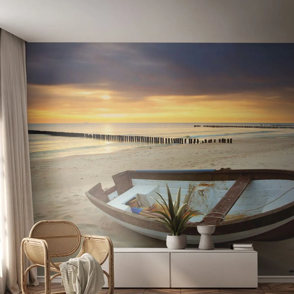 Papier Peint Photo Premium Canvas - Un bateau sur une plage de sable au coucher du soleil - 100x70cm - Il n'y a pas de plus belles plages - Décoration murale moderne pour le salon et la chambre ARTTOR