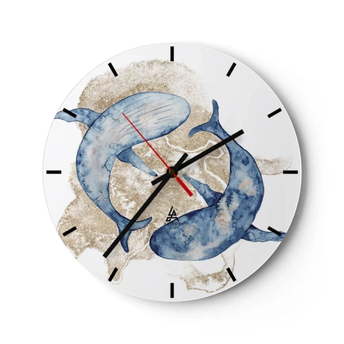 Horloge murale - Pendule murale - Baleines bleues sur le sable doré - 30x30cm - Amis ou amoureux? - Décoration murale moderne pour le salon, la cuisine et la chambre ARTTOR