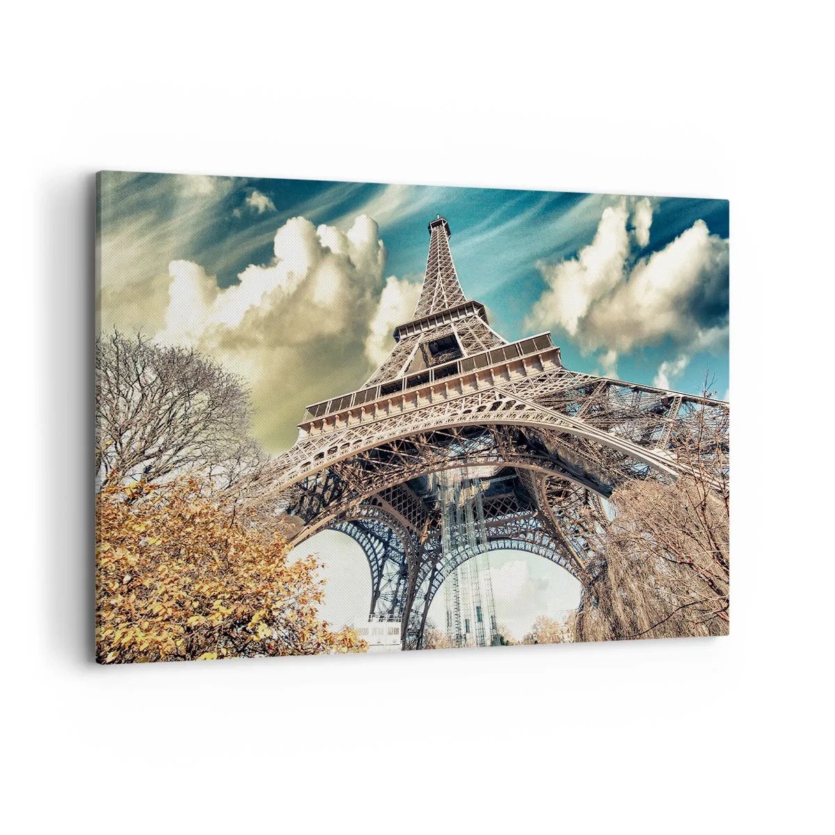 Impression sur toile - Image sur toile - La Tour Eiffel vue d'en bas dans un décor automnal - 100x70cm - Et en automne à Paris... - Décoration murale moderne pour le salon et la chambre ARTTOR