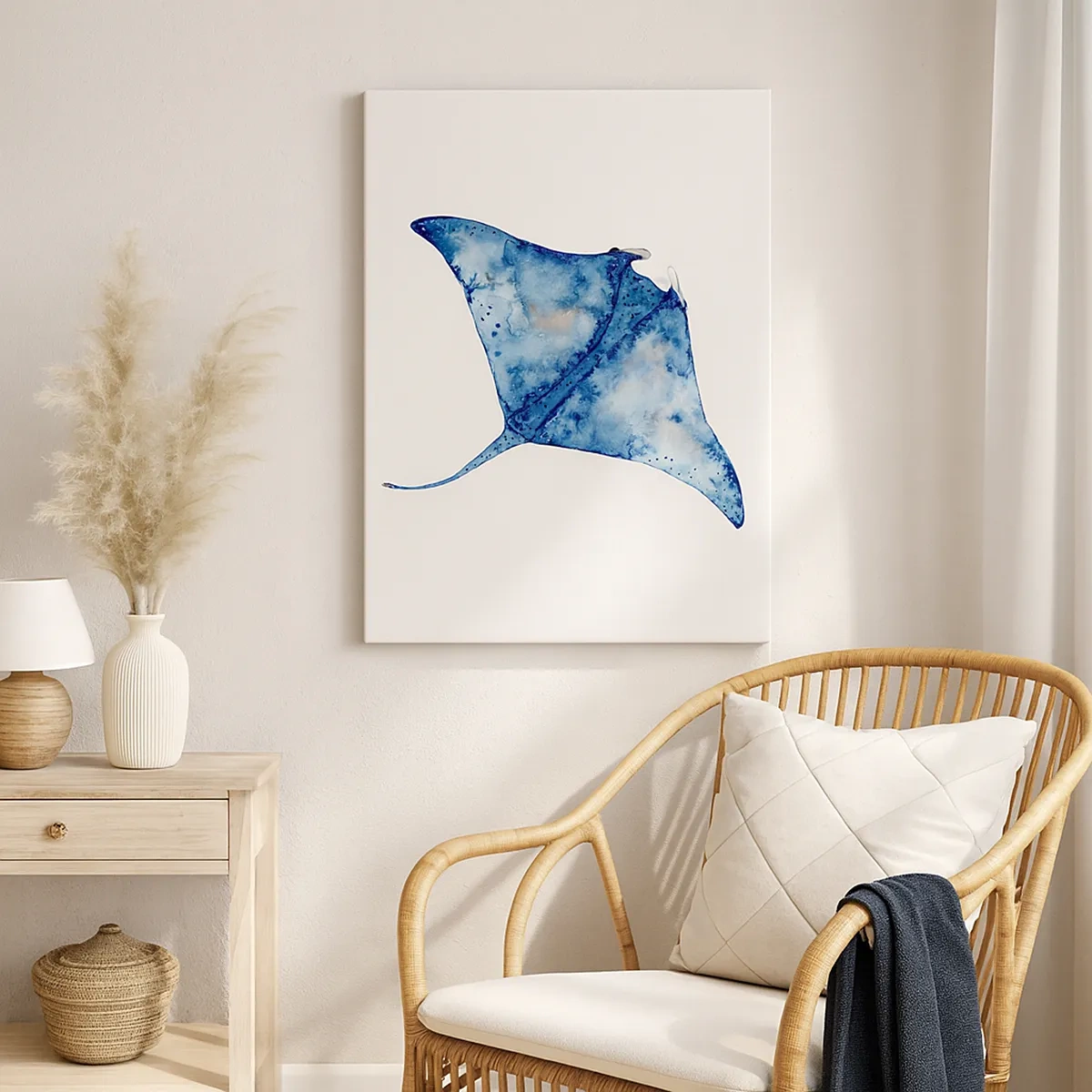 Impression sur toile - Image sur toile - Raie bleue à l'aquarelle sur fond blanc - 50x70cm - La vie en bleu - Décoration murale moderne pour le salon et la chambre ARTTOR