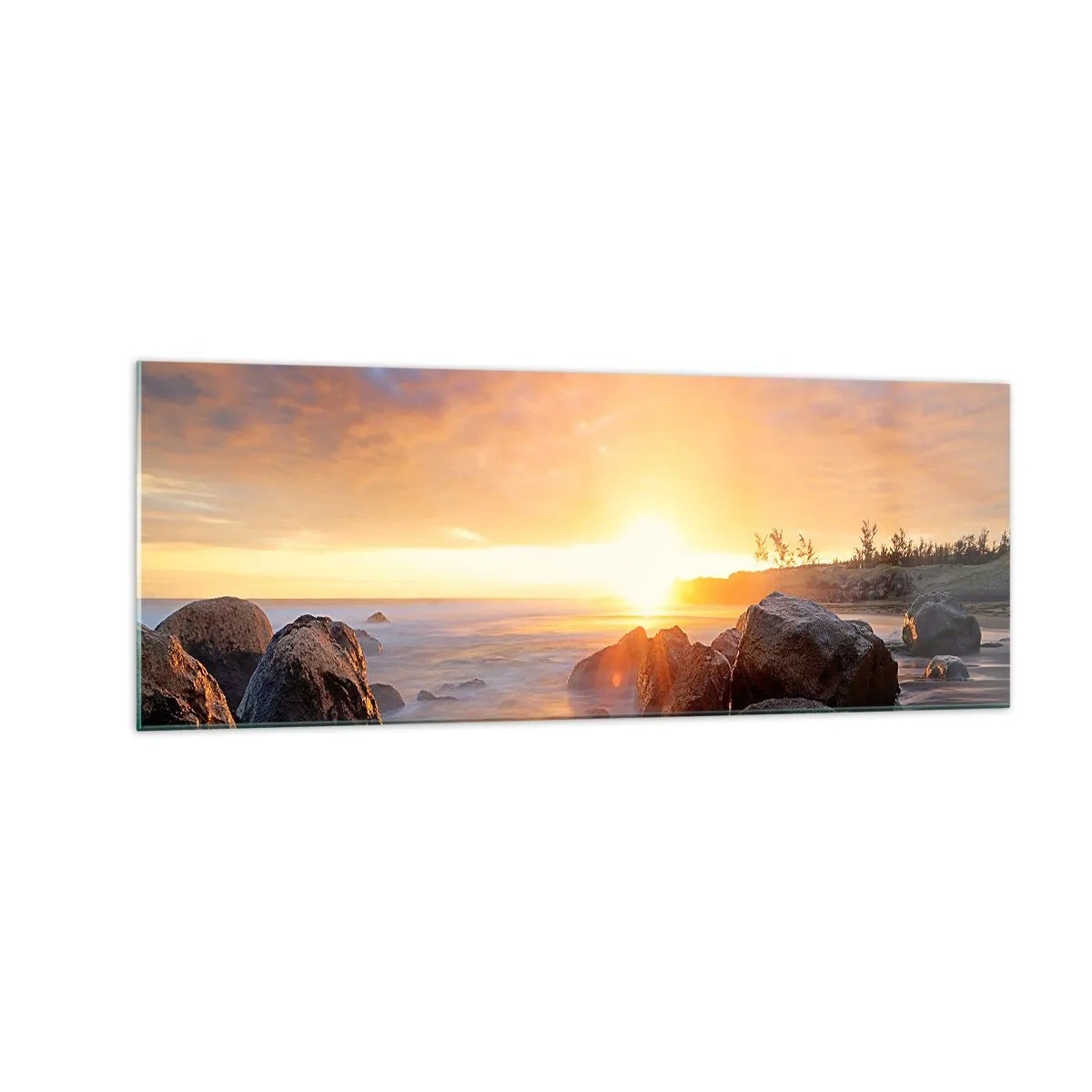 Impression sur verre - Image sur verre - Coucher de soleil sur la côte rocheuse - 140x50cm - Brise lumineuse du soir - Décoration murale moderne pour le salon et la chambre ARTTOR