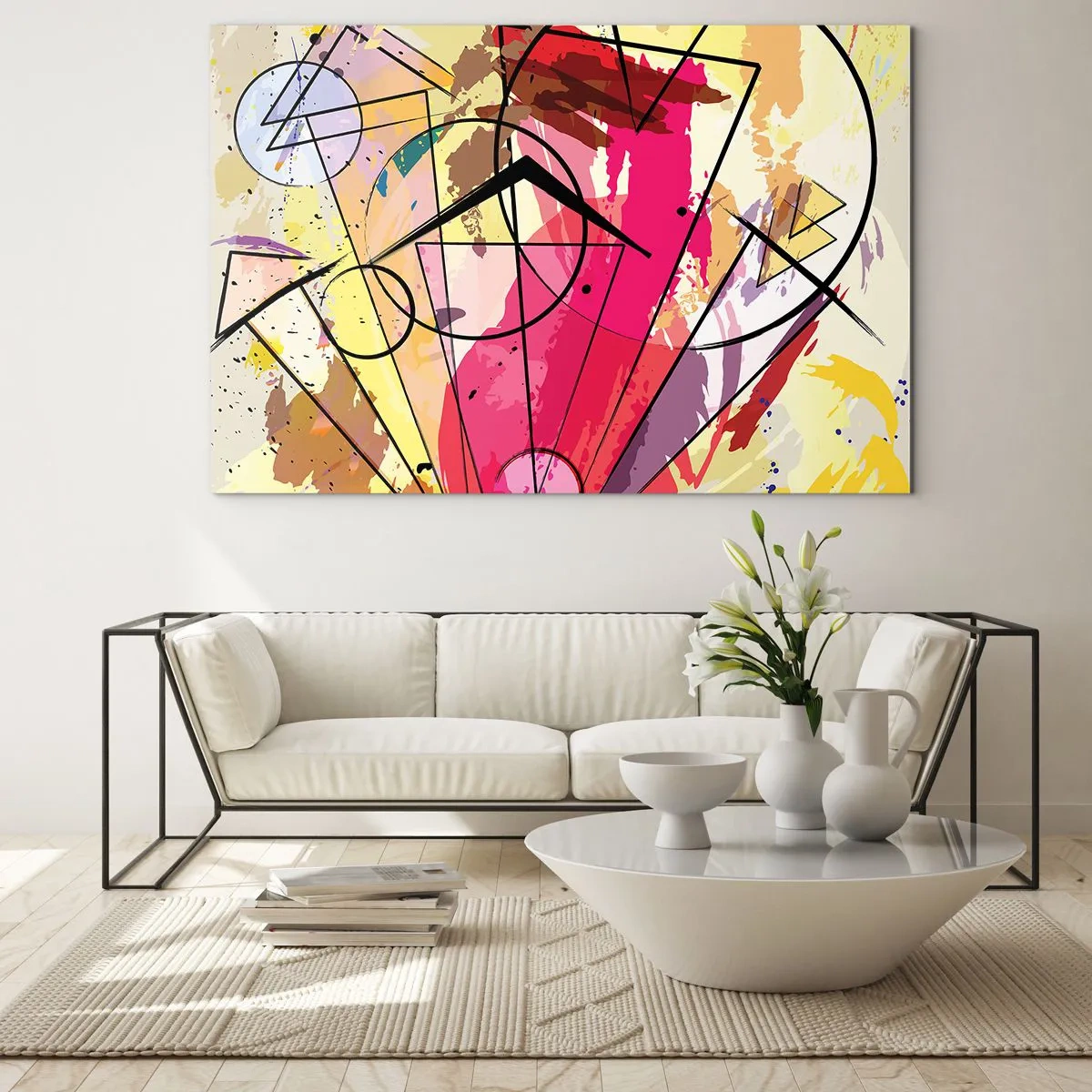 Impression sur verre - Image sur verre - Abstraction colorée avec des motifs et des lignes géométriques - 120x80cm - Explosion - Décoration murale moderne pour le salon et la chambre ARTTOR