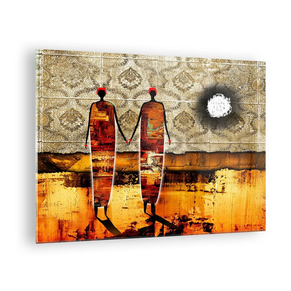 Impression sur verre - Image sur verre - Deux figures abstraites sur un fond d'ornement et de nuances dorées - 70x50cm - Composition ethnique aux couleurs de l'Afrique - Décoration murale moderne pour le salon et la chambre ARTTOR