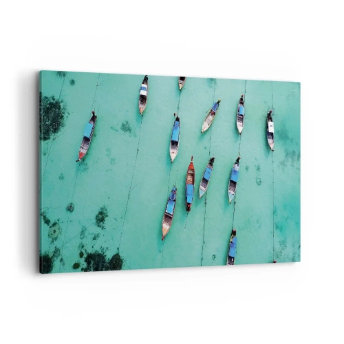Impression sur toile - Image sur toile - Vue aérienne de bateaux sur une eau turquoise - 120x80cm - Dans une attente jouyeuse - Décoration murale moderne pour le salon et la chambre ARTTOR