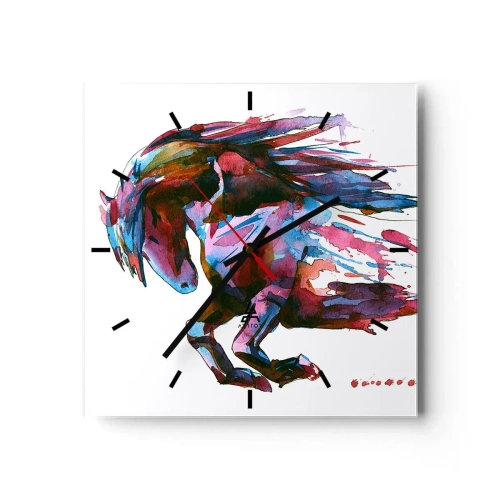 Horloge murale - Pendule murale - Un cheval aux couleurs abstraites dynamiques symbolisant la liberté - 30x30cm - Dans le ravissement - Décoration murale moderne pour le salon et la chambre ARTTOR