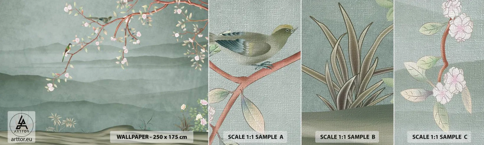 Échantillon de Papier Peint Premium Canvas - Printemps oh c'est toi - Pastel, Des oiseaux, Fleurs - 100x30 cm