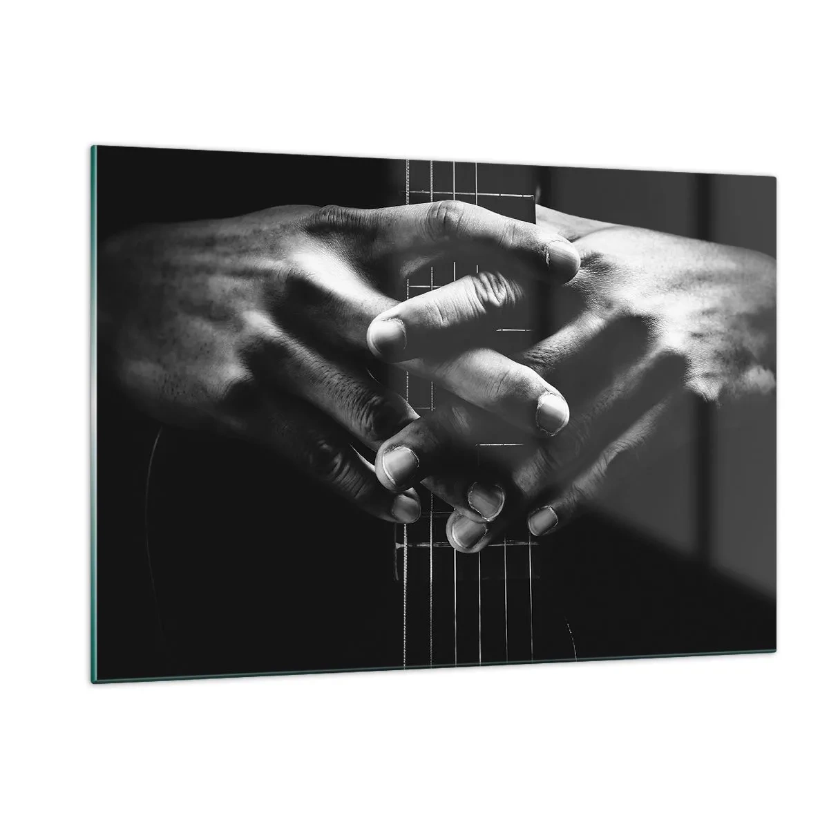 Impression sur verre - Image sur verre - Mains jointes posées sur le manche de la guitare en noir et blanc - 120x80cm - Prière d'artiste - Décoration murale moderne pour le salon et la chambre ARTTOR