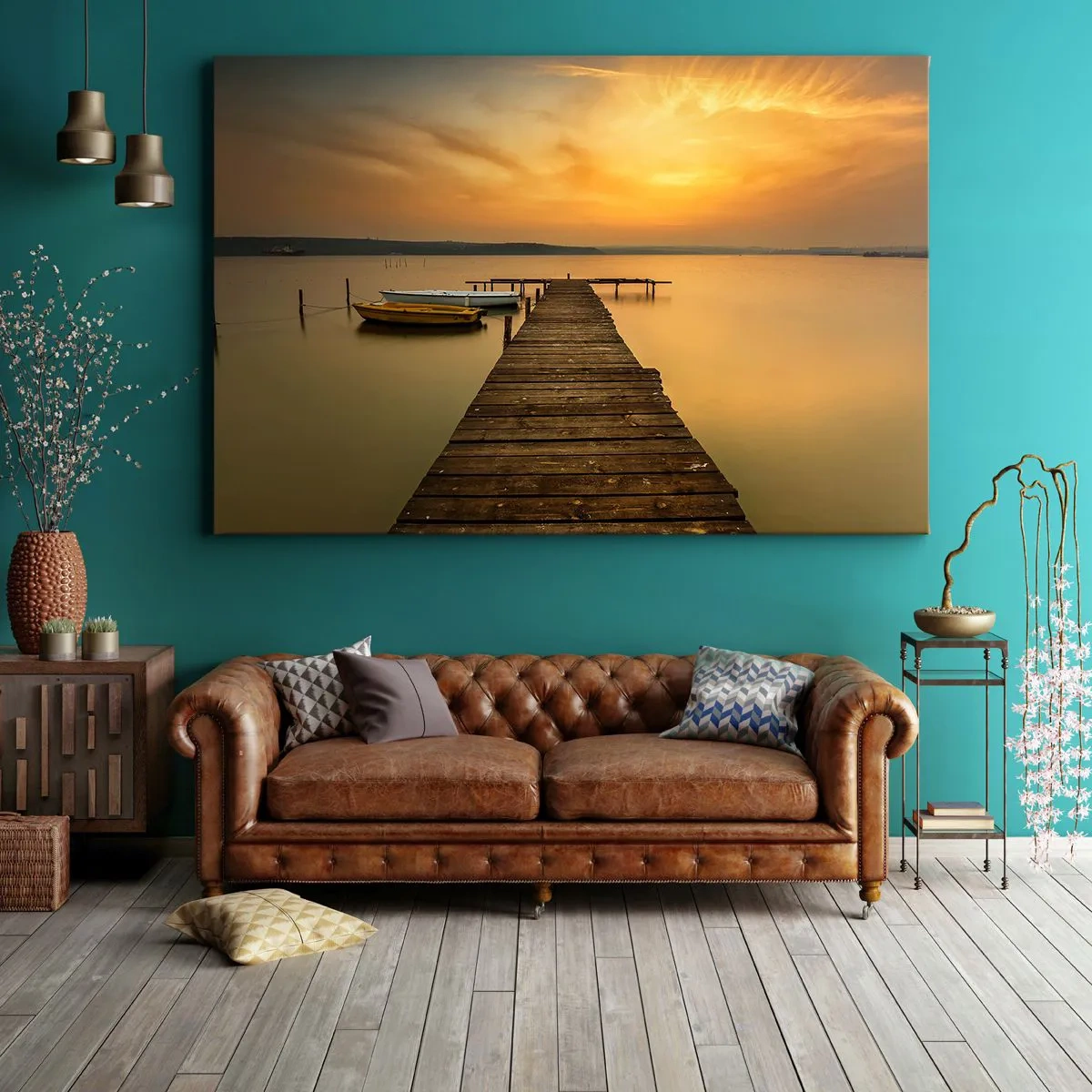 Impression sur toile - Image sur toile - Jetée en bois et bateaux sur le lac au coucher du soleil - 100x70cm - Je t'ouvrirai le ciel d'or - Décoration murale moderne pour le salon et la chambre ARTTOR