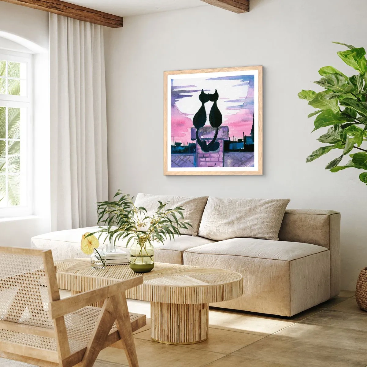 Affiche dans un chêne clair - Poster - Rendez-vous sous la lune - 40x40 cm