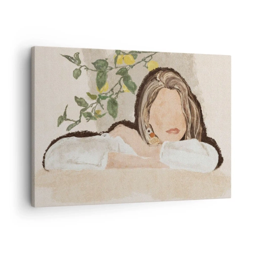 Impression sur toile - Image sur toile - La figure d'une femme sur fond de citronnier - 70x50cm - La beauté du sud - Décoration murale moderne pour le salon et la chambre ARTTOR