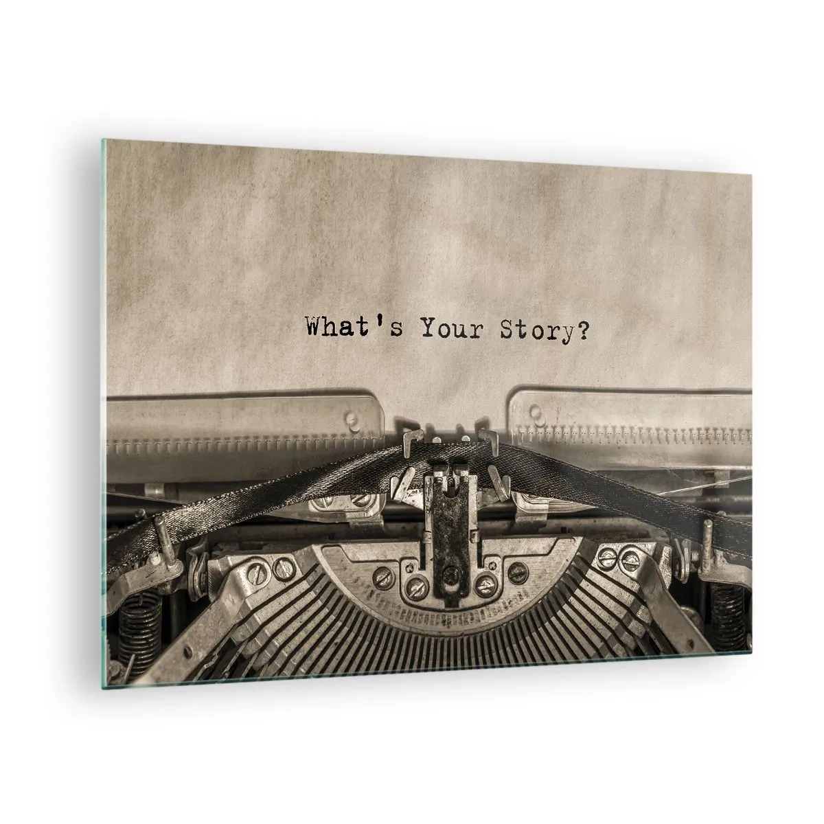 Impression sur verre - Image sur verre - Gros plan d'une machine à écrire avec le texte « Quelle est votre histoire ? » - 70x50cm - Réponds-moi - Décoration murale moderne pour le salon et la chambre ARTTOR