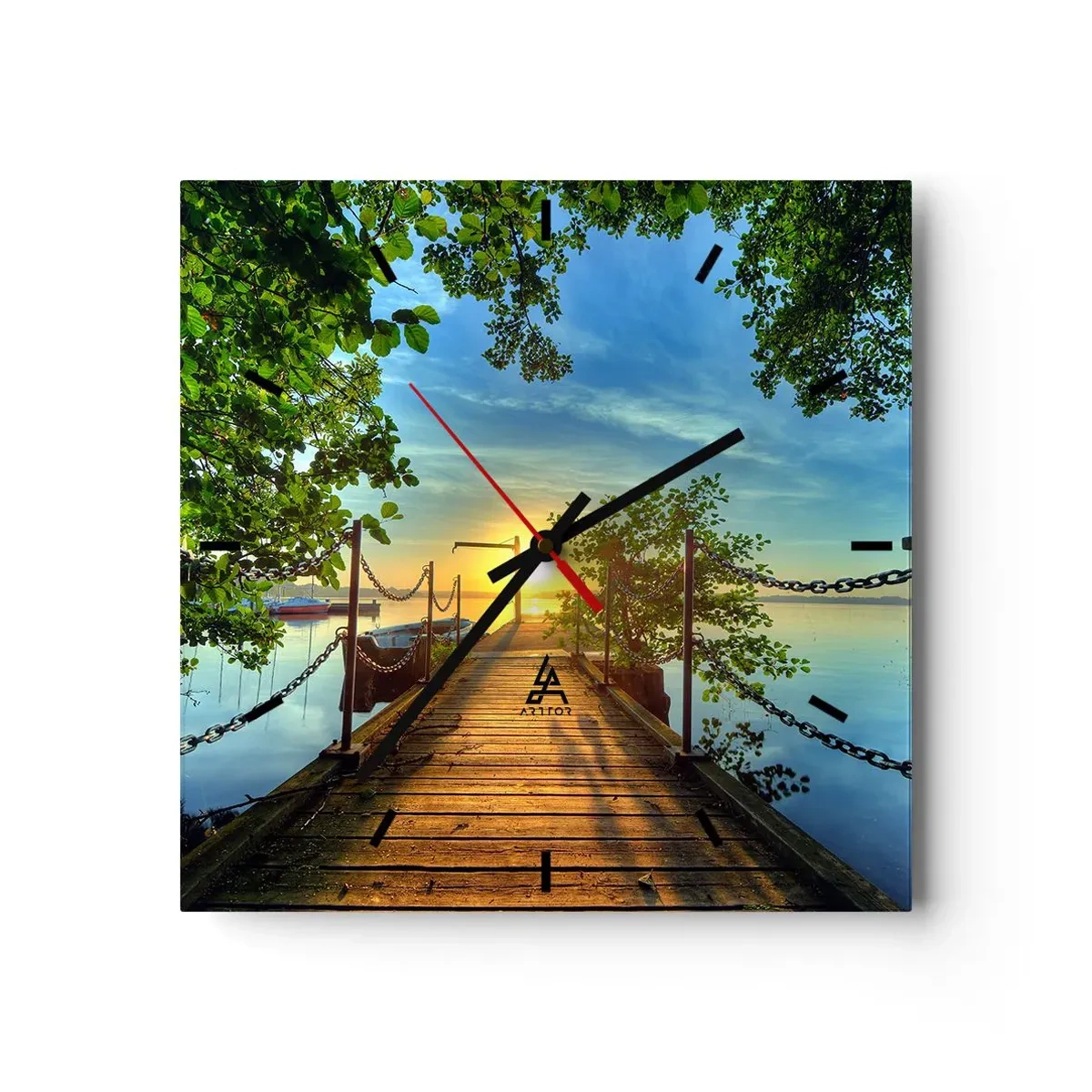 Horloge murale - Pendule murale - Une jetée sur le lac dans les rayons du soleil couchant - 30x30cm - L'ouest au-dessus de l'eau - Décoration murale moderne pour le salon et la chambre ARTTOR