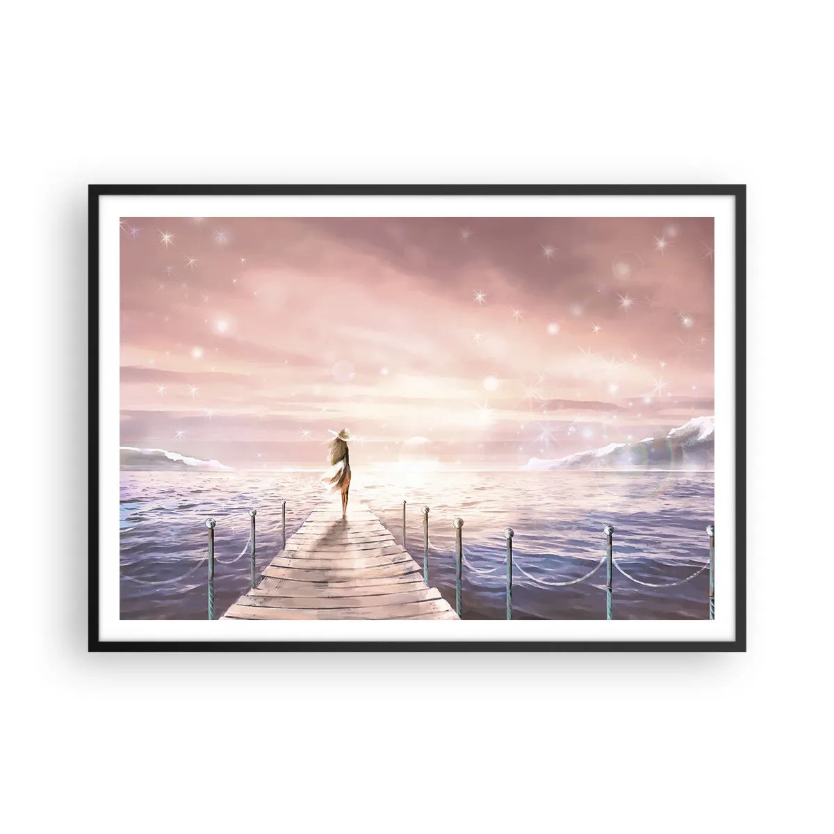 Affiche dans un cadre noir - Poster - Une femme sur une jetée dans un décor de coucher de soleil magique - 100x70cm - A la lumière d'un rêve - Décoration murale moderne pour le salon et la chambre ARTTOR
