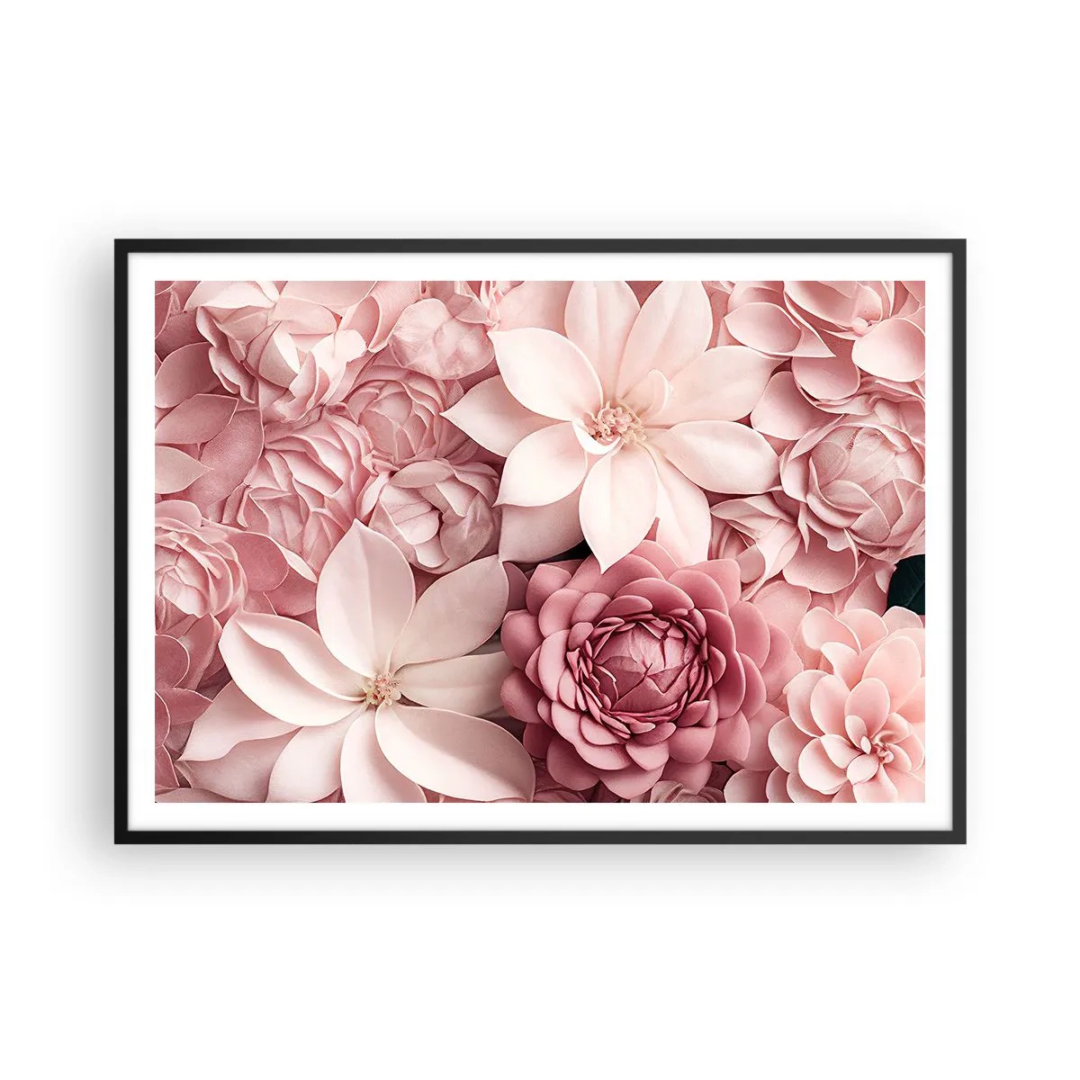 Affiche dans un cadre noir - Poster - Des fleurs aux tons roses et blancs dans une approche artistique - 100x70cm - Dans les pétales roses - Décoration murale moderne pour le salon et la chambre ARTTOR