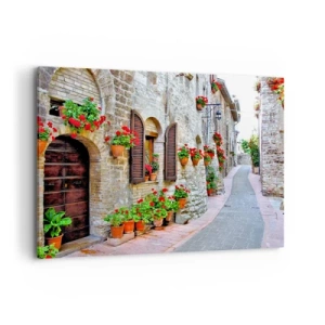 Impression sur toile - Image sur toile - Une rue étroite avec des bâtiments en pierre décorés de pots de fleurs - 100x70cm - Ambiance italienne - Décoration murale moderne pour le salon et la chambre ARTTOR