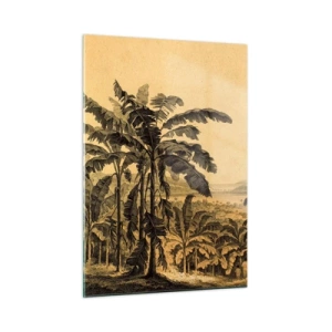 Impression sur verre - Image sur verre - Une illustration vintage d'une plantation de bananes avec une montagne lointaine en arrière-plan. - 50x70cm - Dans un climat colonial - Décoration murale moderne pour le salon et la chambre ARTTOR