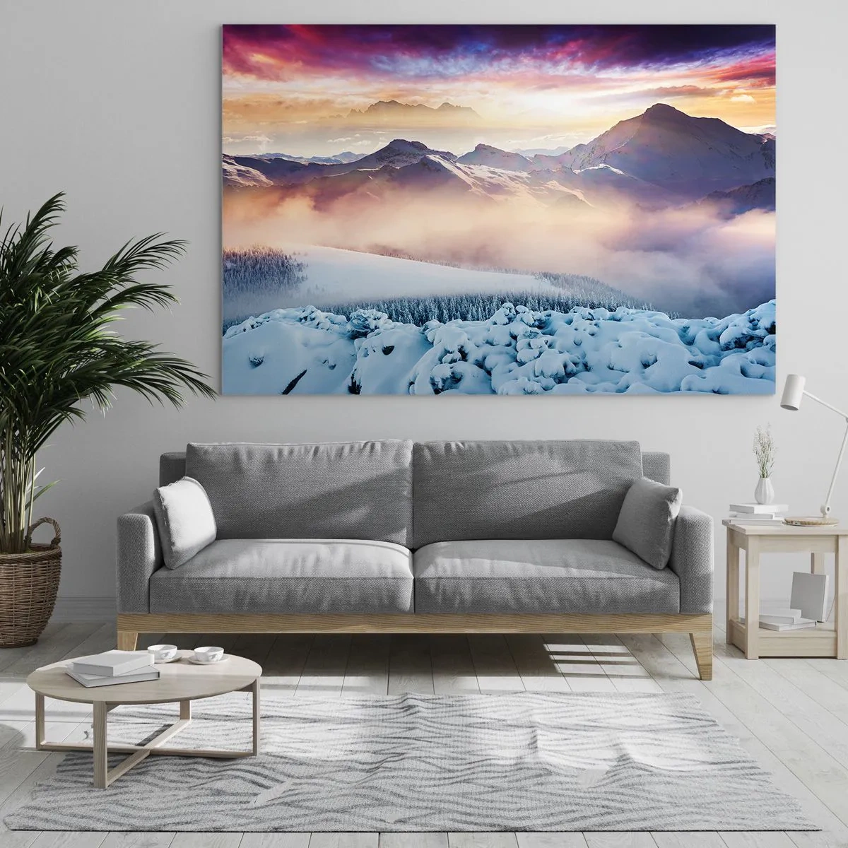 Impression sur verre - Image sur verre - Paysage de montagne d'hiver avec soleil couchant et brouillard - 70x50cm - La force et la pureté de la nature - Décoration murale moderne pour le salon et la chambre ARTTOR