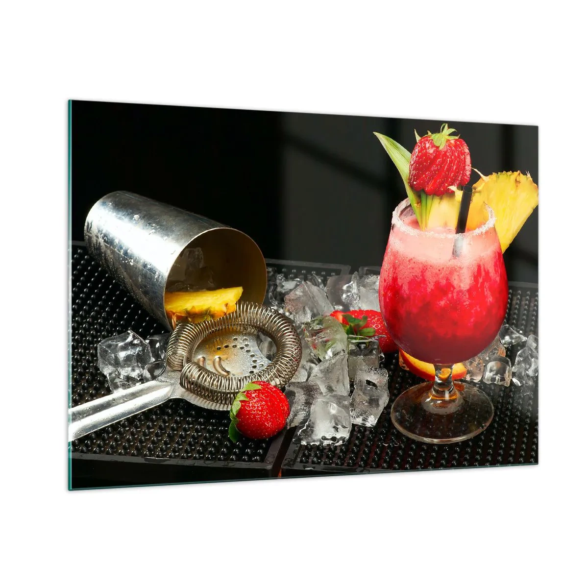 Impression sur verre - Image sur verre - Une boisson colorée avec des fruits et un shaker sur glace - 100x70cm - Envouter le goût - Décoration murale moderne pour le salon et la chambre ARTTOR