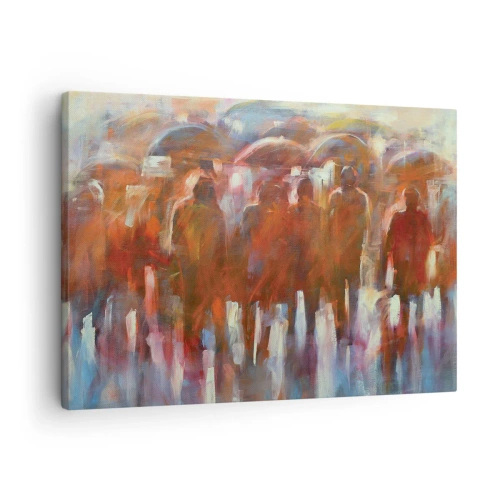 Impression sur toile - Image sur toile - Une foule de personnes avec des parapluies dans un décor pluvieux et artistique - 70x50cm - Identiques sous la pluie et dans le brouillard - Décoration murale moderne pour le salon et la chambre ARTTOR