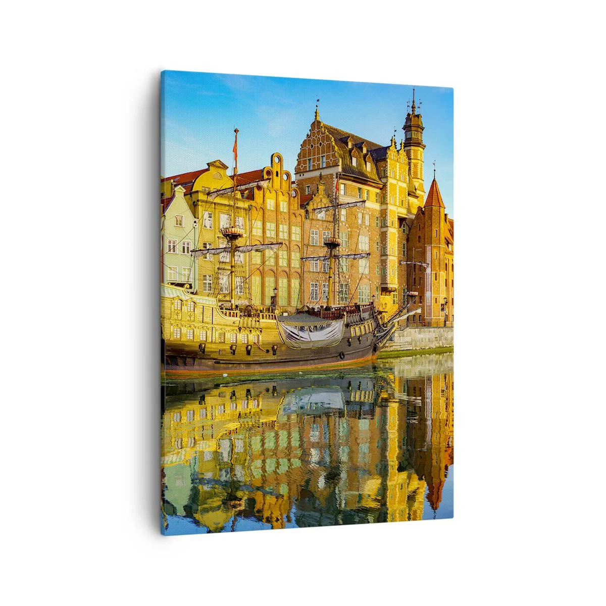 Impression sur toile - Image sur toile - Une vue pittoresque de la vieille ville avec un voilier et de l'eau - 50x70cm - Reflet dans le miroir du passé - Décoration murale moderne pour le salon et la chambre ARTTOR