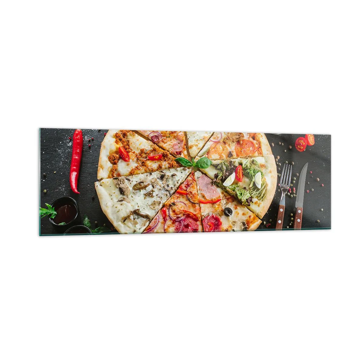 Impression sur verre - Image sur verre - Pizza aux saveurs variées avec un fond de garnitures - 160x50cm - Une gamme de saveurs - Décoration murale moderne pour le salon et la chambre ARTTOR