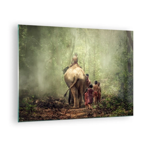 Impression sur verre - Image sur verre - Un éléphant dans la forêt avec des enfants en costumes traditionnels - 70x50cm - Nouveau livre de la jungle - Décoration murale moderne pour le salon et la chambre ARTTOR
