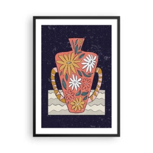 Affiche dans un cadre noir - Poster - Un vase coloré avec un motif floral sur un fond sombre - 50x70cm - Cruche peinte - Décoration murale moderne pour le salon et la chambre ARTTOR