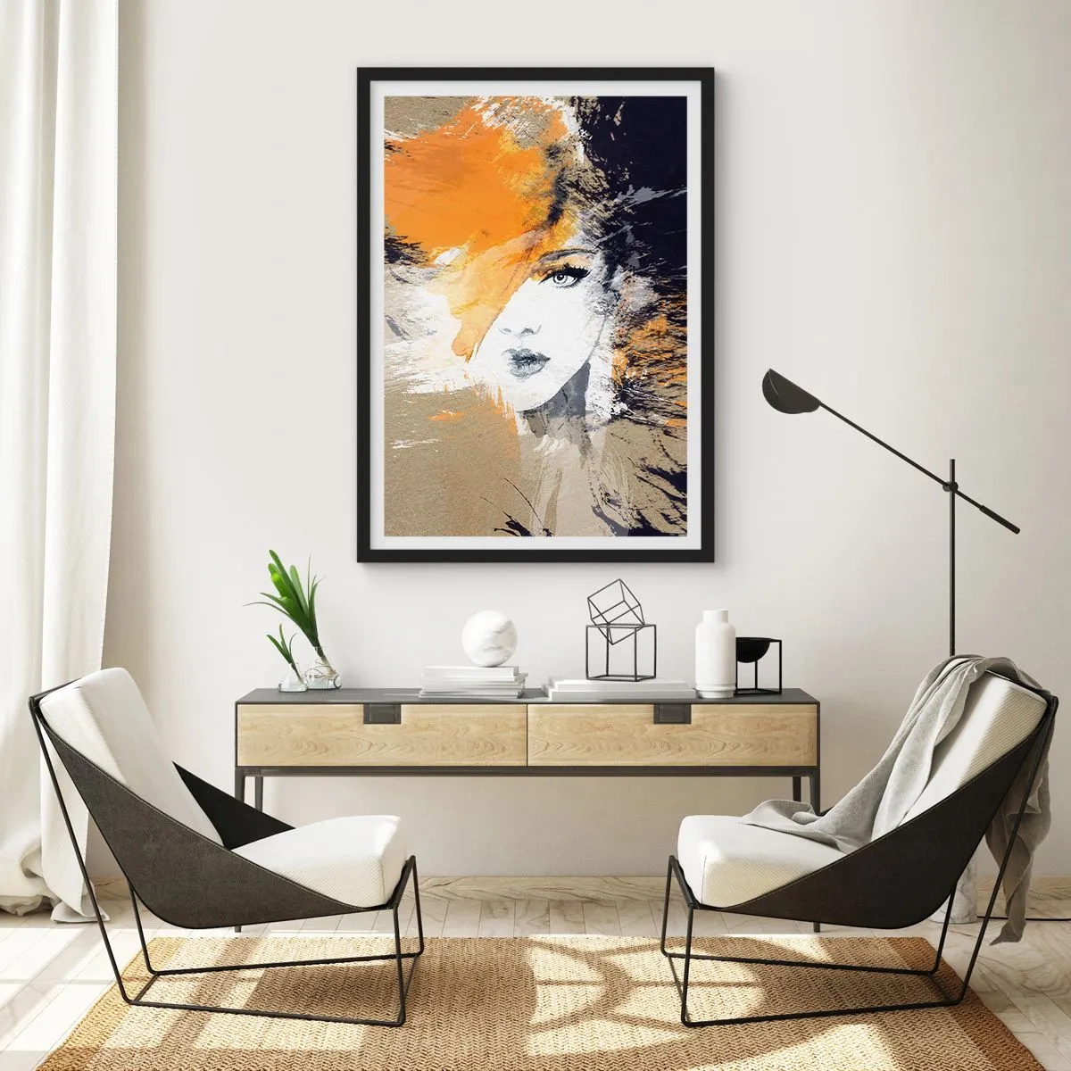 Affiche dans un cadre noir - Poster - Portrait d'une femme dans un style artistique avec des accents orange - 50x70cm - Et la lumière fut - Décoration murale moderne pour le salon et la chambre ARTTOR