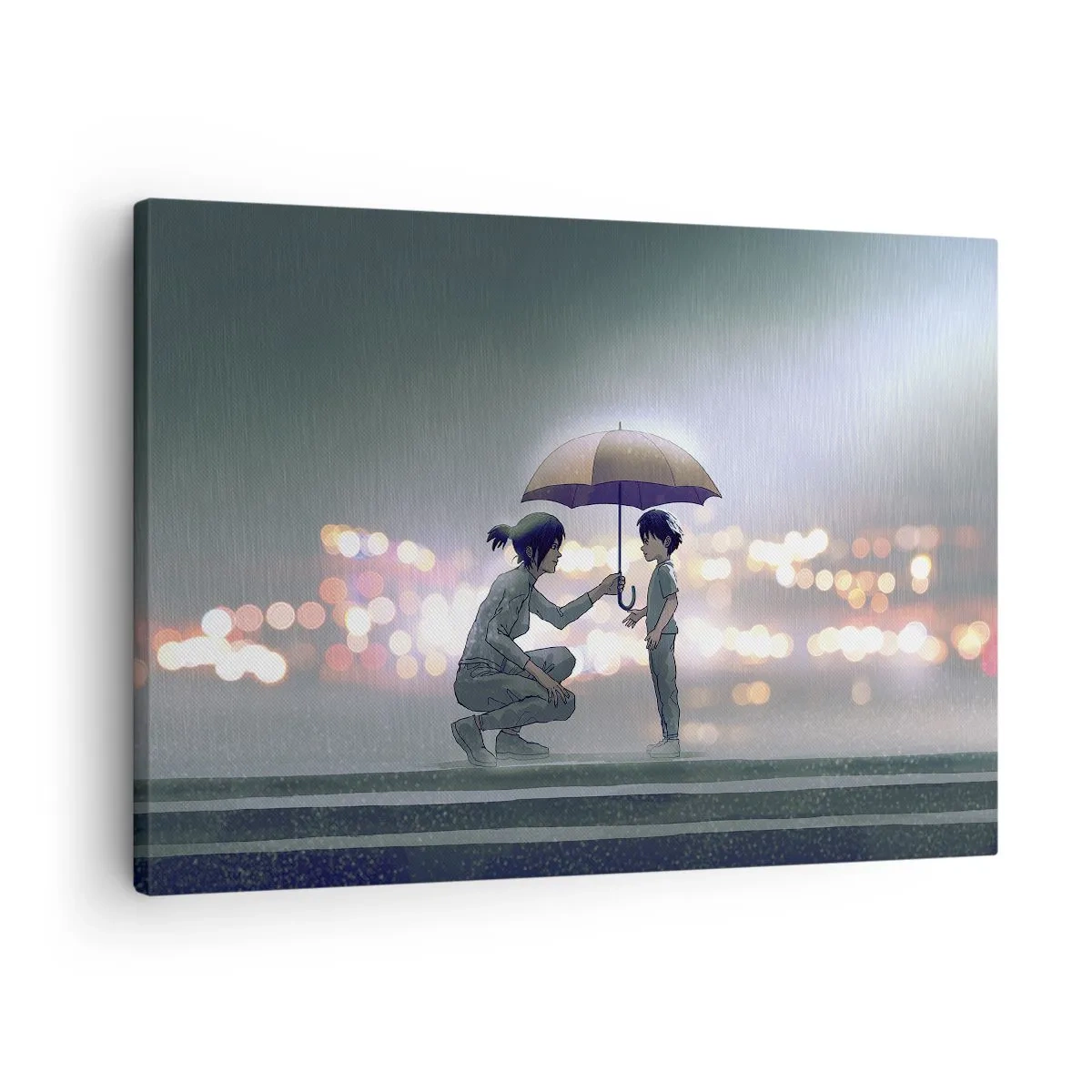 Impression sur toile - Image sur toile - Une silhouette avec un parapluie protégeant un enfant sur fond de lumières nocturnes. - 70x50cm - Et maintenant, tout va bien - Décoration murale moderne pour le salon et la chambre ARTTOR
