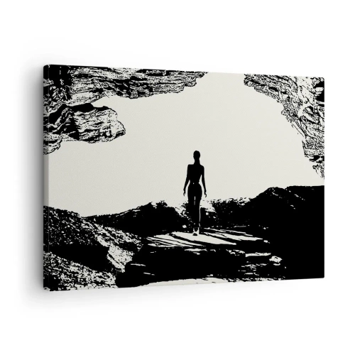 Impression sur toile - Image sur toile - Silhouette noire et blanche d'une femme dans une grotte contre le ciel - 70x50cm - Nouveau look - Décoration murale moderne pour le salon et la chambre ARTTOR