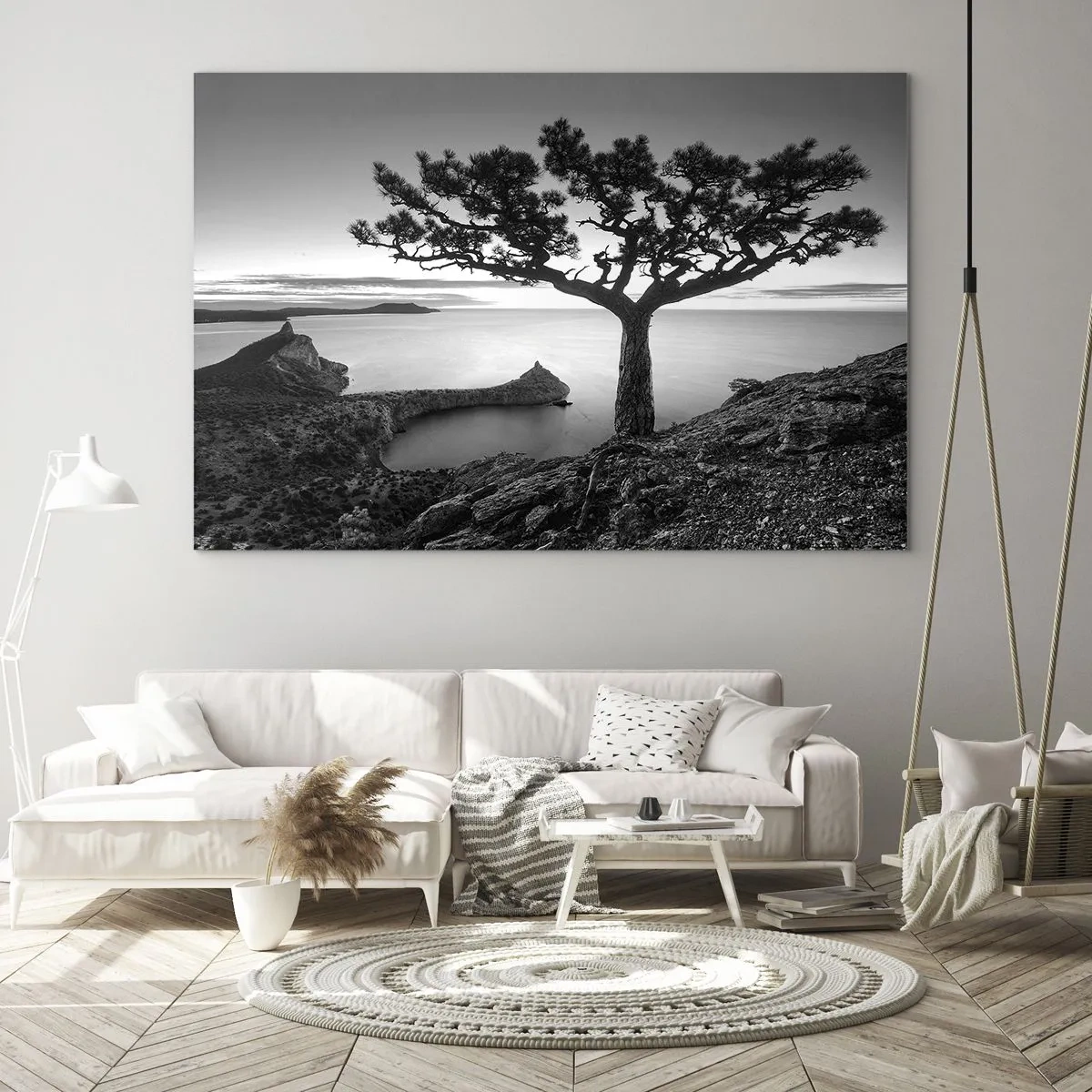 Impression sur verre - Image sur verre - Un arbre sur une falaise surplombant la baie - 70x50cm - Paix jusqu'à l'horizon - Décoration murale moderne pour le salon et la chambre ARTTOR