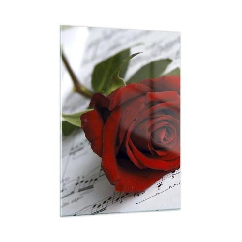 Impression sur verre - Image sur verre - Une rose rouge sur un fond de notes de musique - 50x70cm - Musique des sentiments en écarlate - Décoration murale moderne pour le salon et la chambre ARTTOR