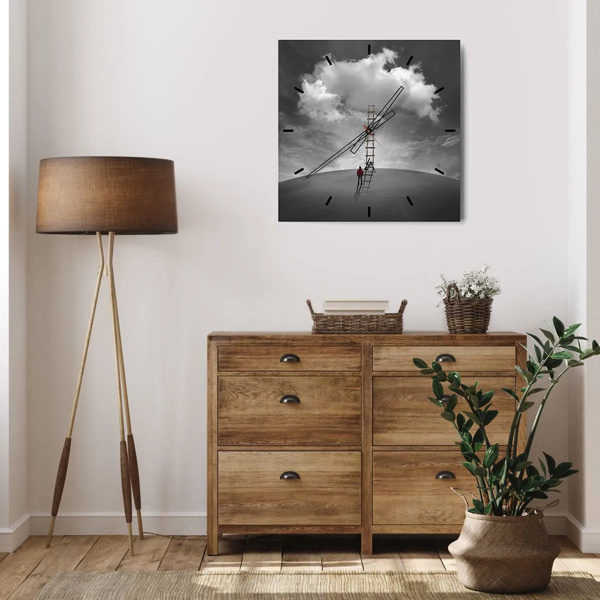 Horloge murale - Pendule murale - Une personne portant un manteau rouge et une échelle menant à un nuage - 30x30cm - Tout est possible - Décoration murale moderne pour le salon et la chambre ARTTOR