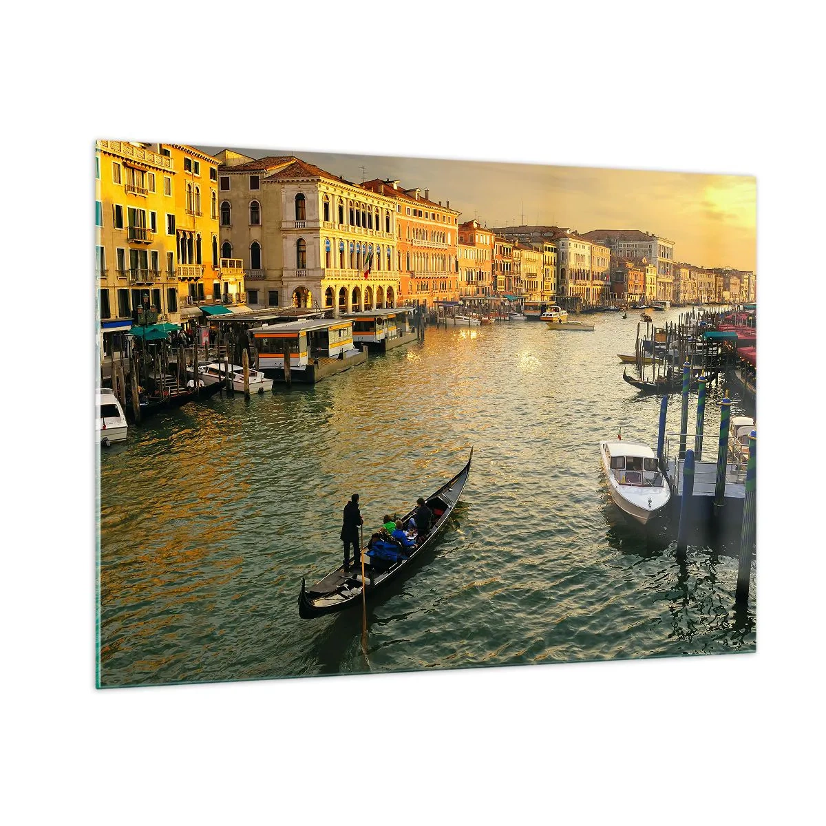 Impression sur verre - Image sur verre - Coucher de soleil sur un canal de Venise avec des gondoles - 100x70cm - Du côté ensoleillé de la rue - Décoration murale moderne pour le salon et la chambre ARTTOR